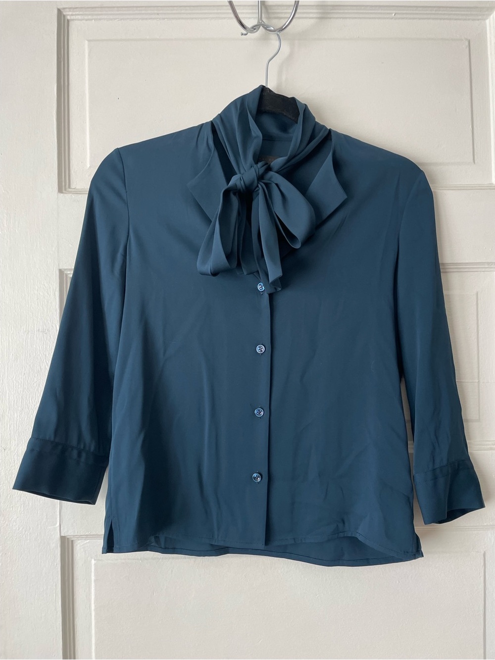 The Row Women’s Teal Button-Front Blouse with Neck Tie